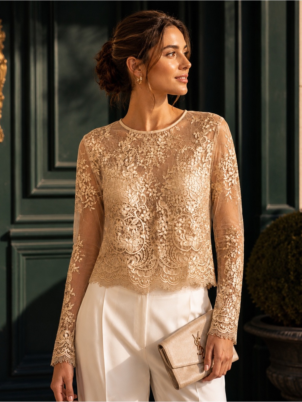 a'gaci Nude Lace Long-Sleeve Sheer Blouse